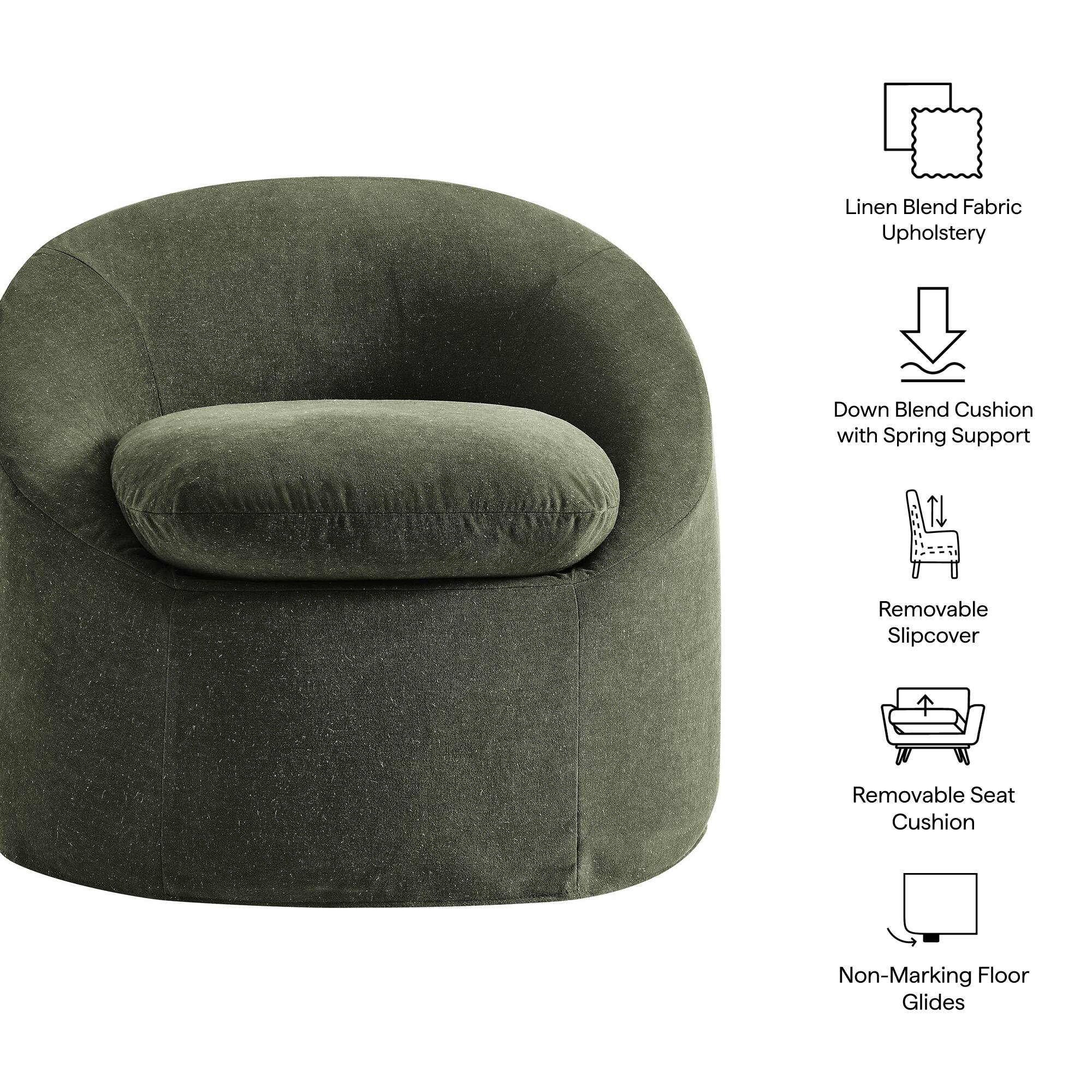 Linen Blend Fabric Upholstery  
Down Blend Cushion with Spring Support  
Removable Slipcover  
Removable Seat Cushion  
Non-Marking Floor Glides