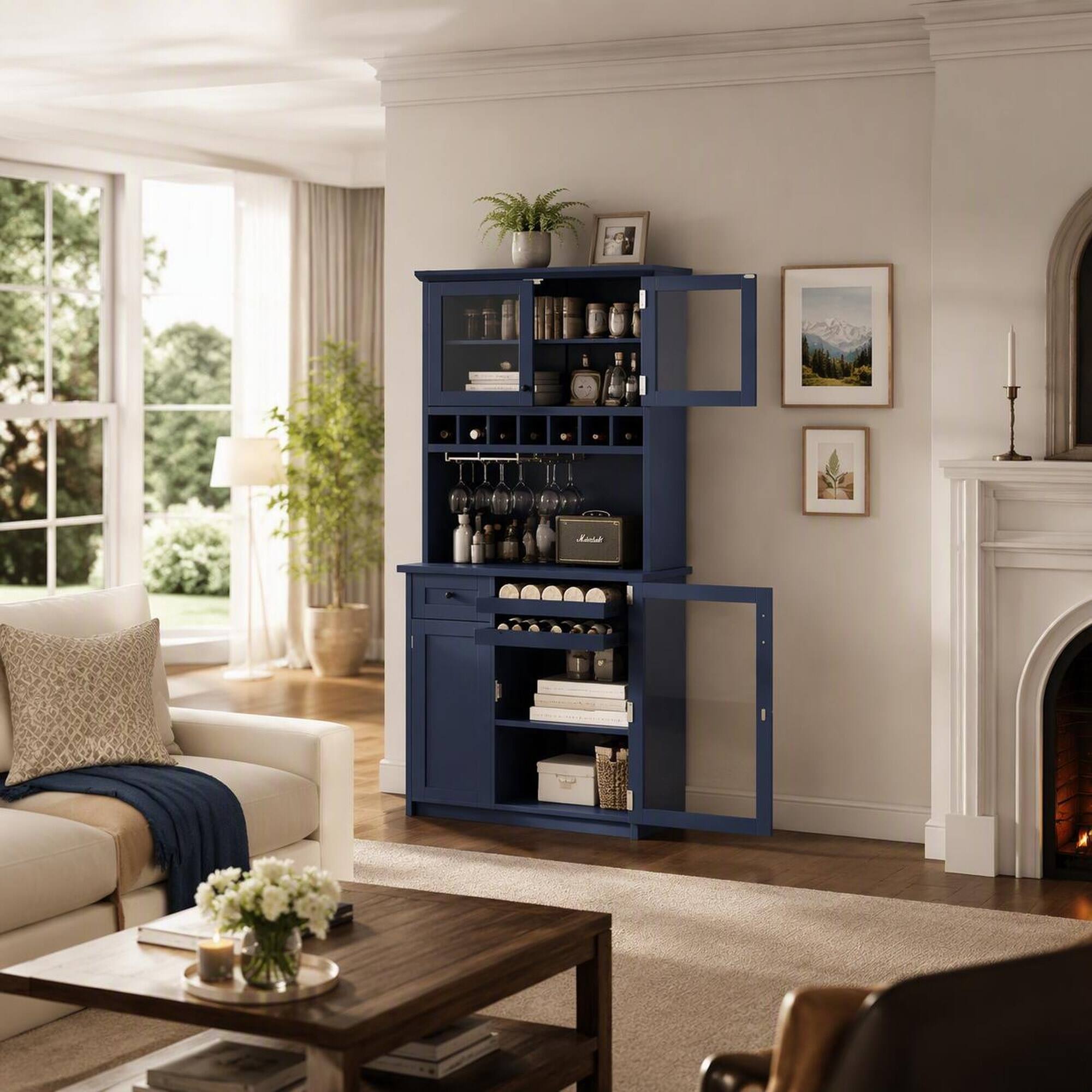 RYHNUYNE Freestanding Farmhouse Buffet with Hutch, Tall Kitchen Pantry ...