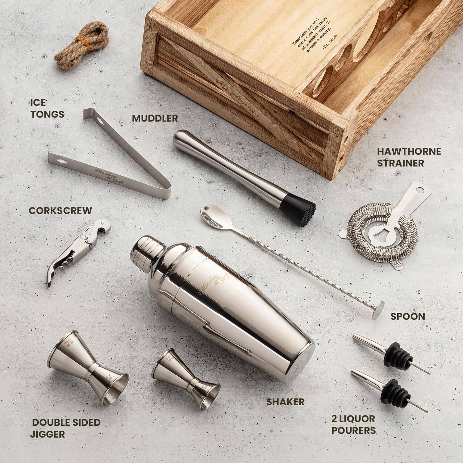 7OTM FELMA E Shen PL I I I Asowue Seute Semet - - Y . TRcan ICE TONGS MUDDLER HAWTHORNE STRAINER CORKSCREW SPOON SHAKER DOUBLE SIDED JIGGER 2 LIQUOR POURERS