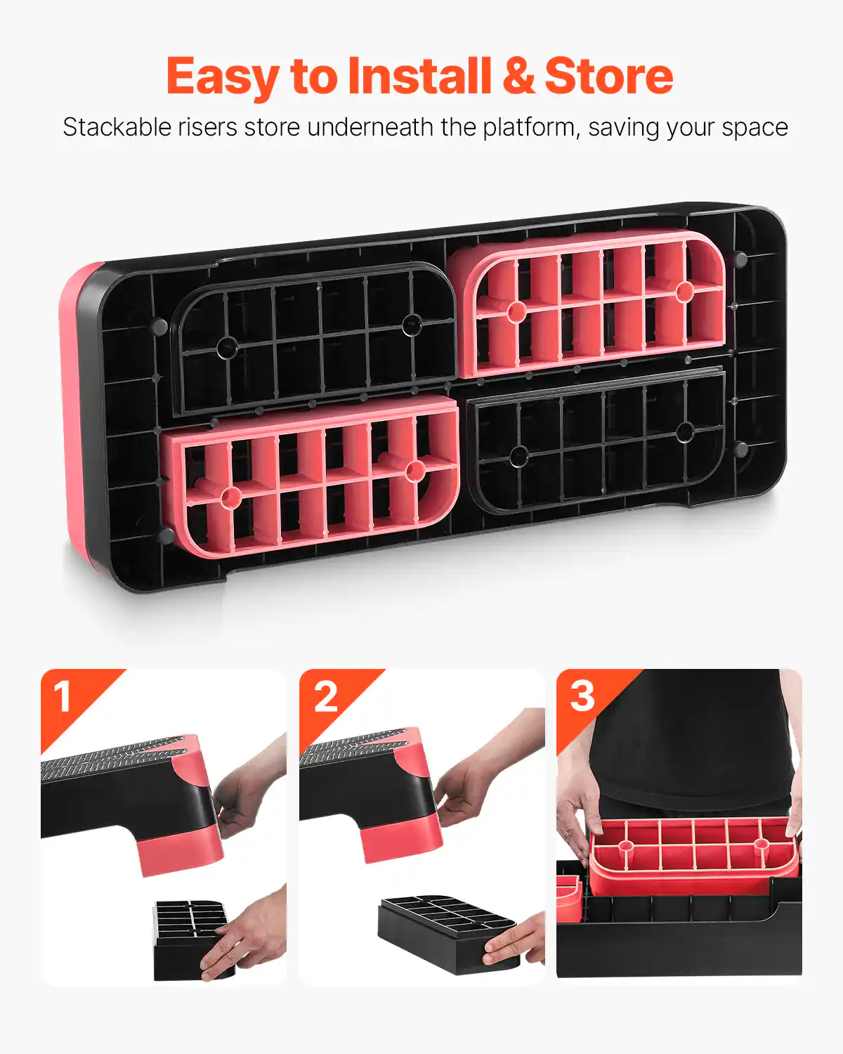 Easy to Install & Store

Stackable risers store underneath the platform, saving your space

1
2
3