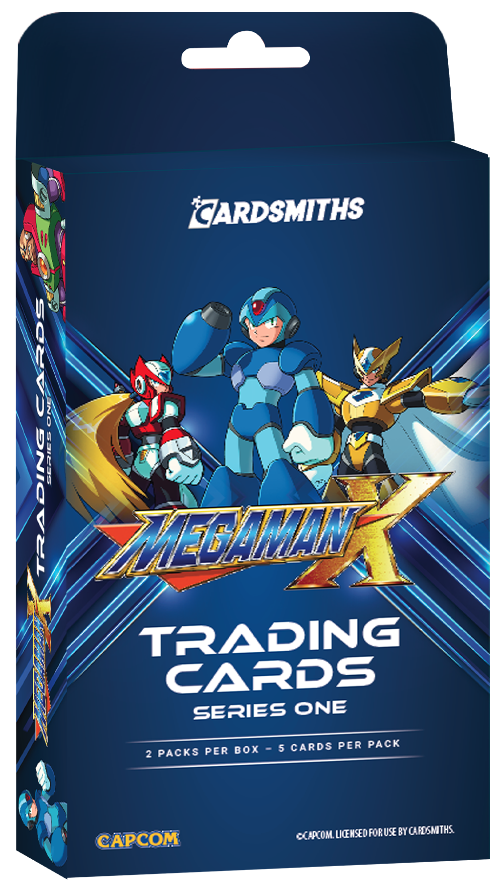 CARDSMITHS  
MEGAMAN TRADING CARDS SERIES ONE  
2 PACKS PER BOX - 5 CARDS PER PACK  
CAPCOM  
LICENSED FOR USE BY CARDSMITHS