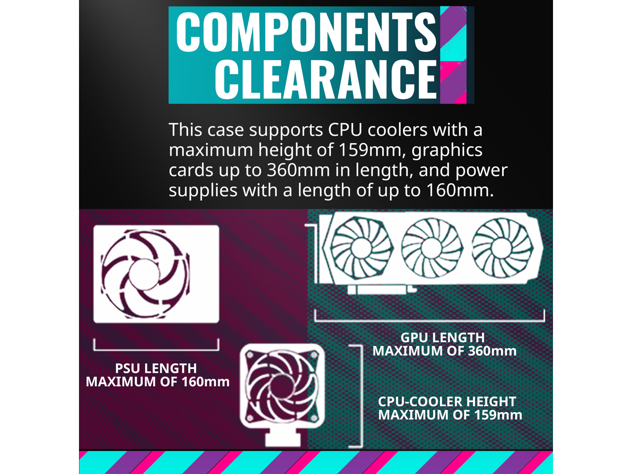 **COMPONENTS CLEARANCE**

This case supports CPU coolers with a maximum height of 159mm, graphics cards up to 360mm in length, and power supplies with a length of up to 160mm.

- **PSU LENGTH**  
  MAXIMUM OF 160mm

- **GPU LENGTH**  
  MAXIMUM OF 360mm

- **CPU-COOLER HEIGHT**  
  MAXIMUM OF 159mm