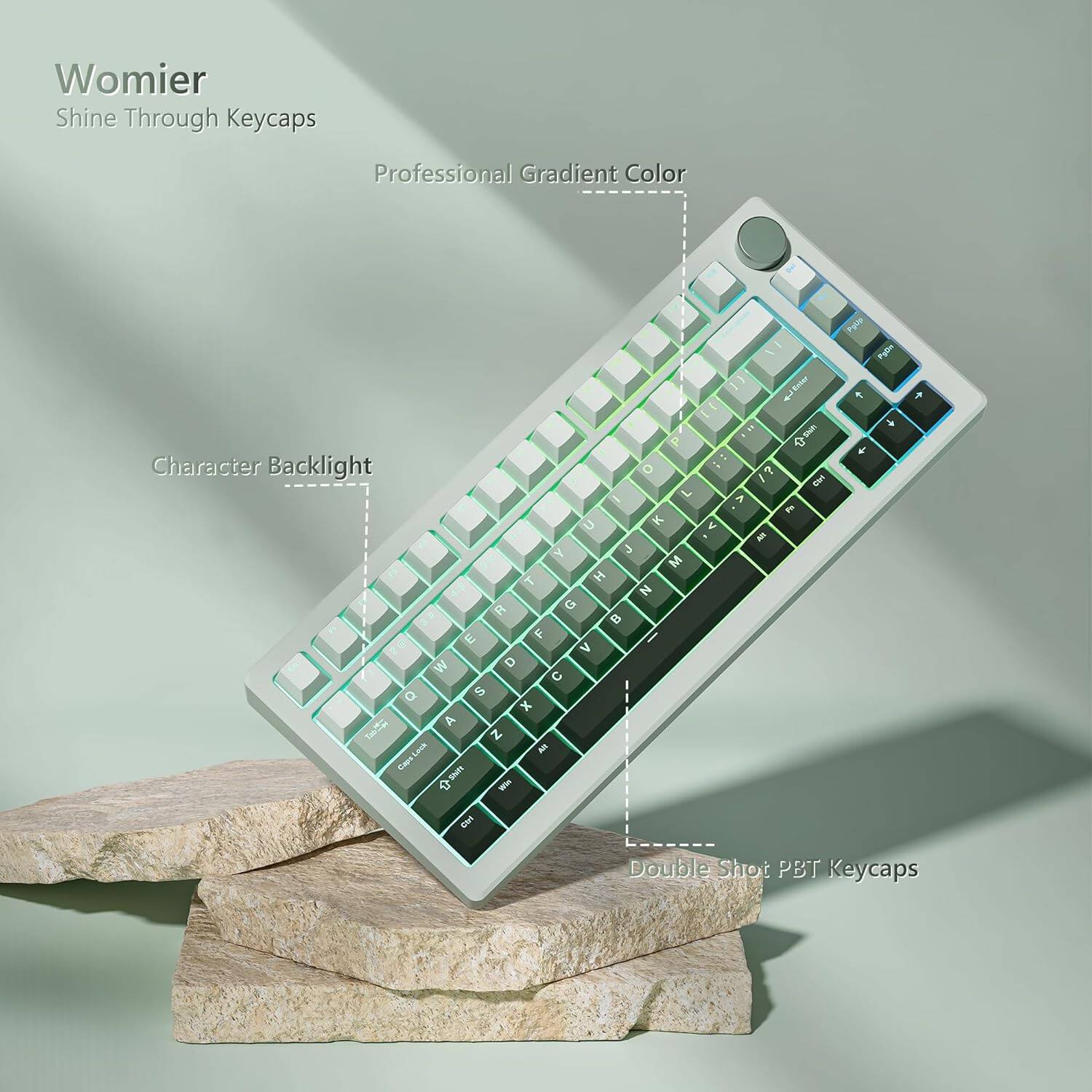 Womier Shine Through Keycaps  
Professional Gradient Color  
Character Backlight  
Double Shot PBT Keycaps