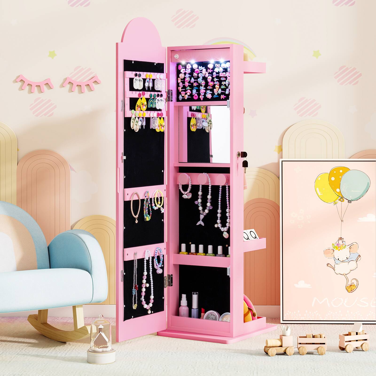 Alt View 1. Gymax - Gymax 3 In 1 Kids Jewelry Cabinet w/3-Color Lighted Full Length Mirror Clothes Rack Pink - Pink.