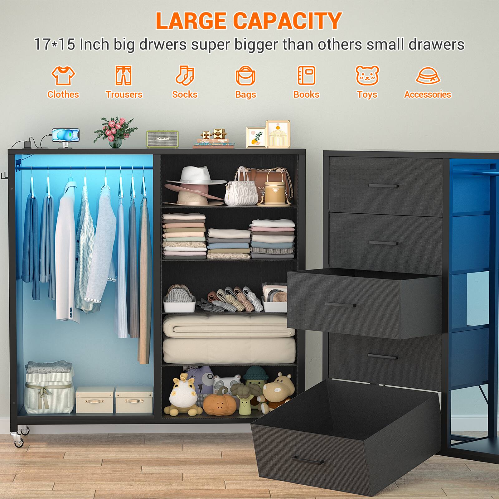 LARGE CAPACITY  
17*15 Inch big drawers super bigger than others small drawers  
Clothes  
Trousers  
Socks  
Bags  
Books  
Toys  
Accessories