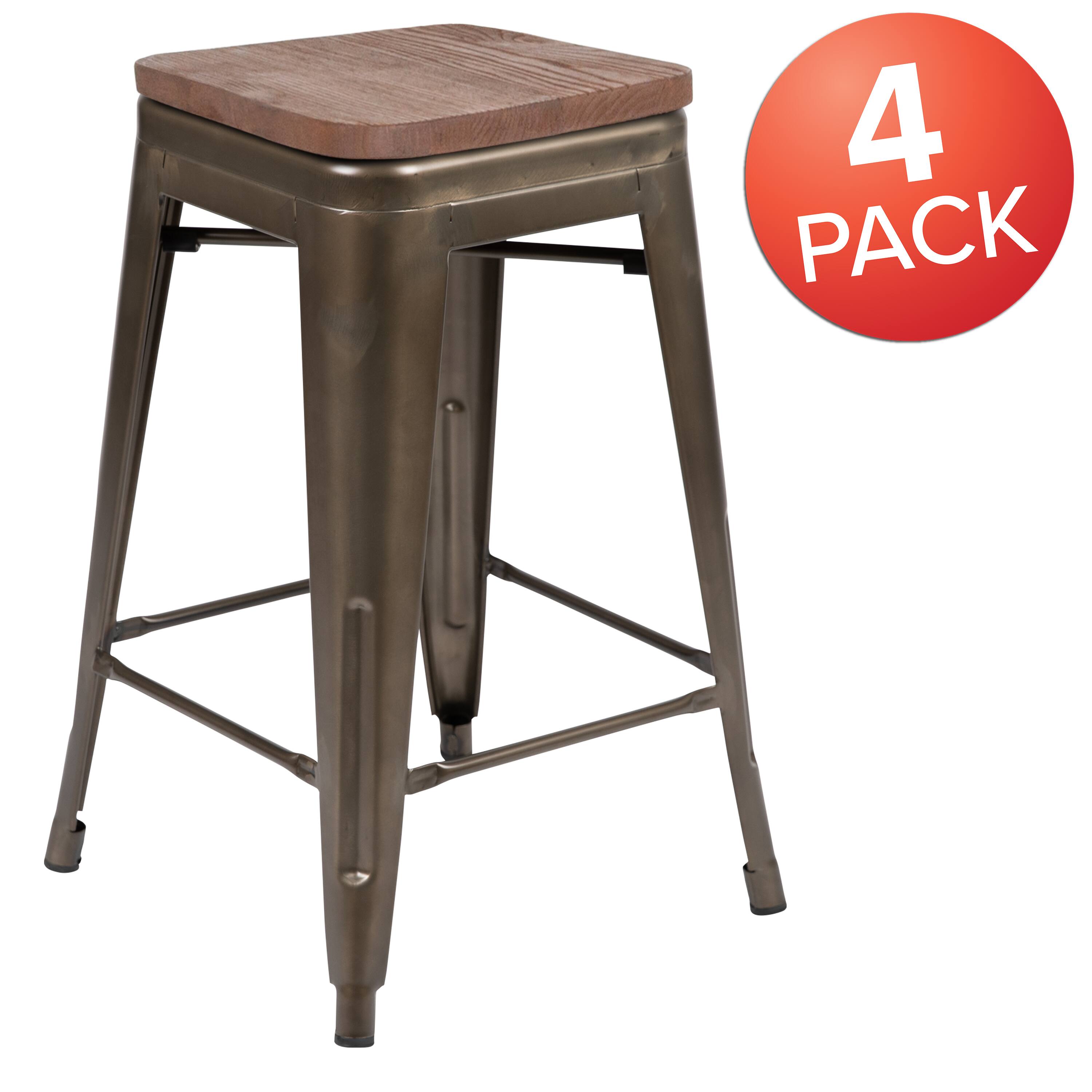 Alt View 2. Emma + Oliver - 24" High Metal Counter-Height, Indoor Bar Stool with Wood Seat - Stackable Set of 4 - Gun Metal.