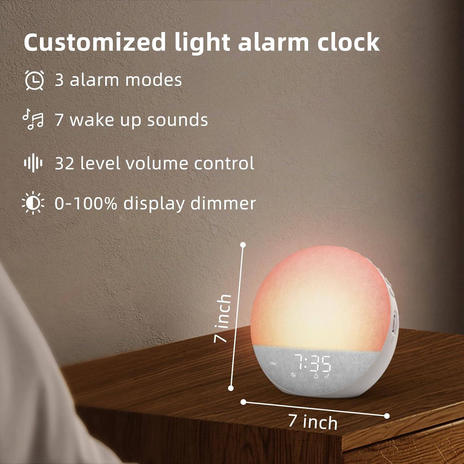 Customized light alarm clock

- 3 alarm modes
- 7 wake up sounds
- 32 level volume control
- 0-100% display dimmer

7 inch

7:35 PM

CC1 & od