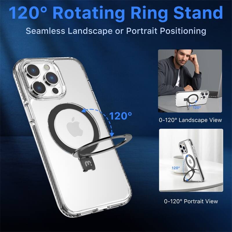 120° Rotating Ring Stand, Seamless Landscape or Portrait Positioning, 0-120° Landscape View, 0-120° Portrait View