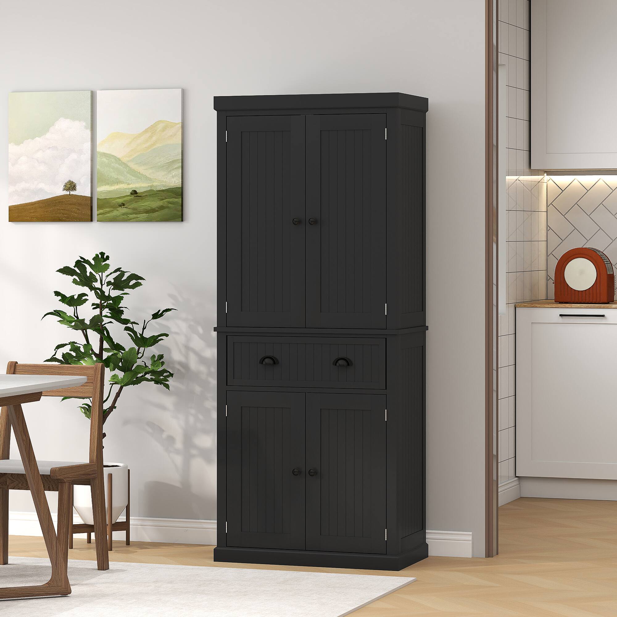 Alt View 7. Homcom - 72" Kitchen Pantry Cabinet, Freestanding Storage Cabinet with 4 Doors, Drawer and 3 Adjustable Shelves for Dining Room - Black.