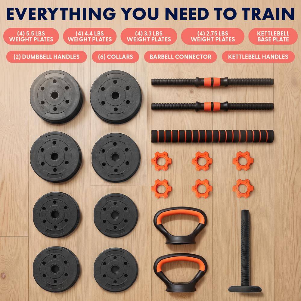 EVERYTHING YOU NEED TO TRAIN

(4) 5.5 LBS WEIGHT PLATES  
(4) 4.4 LBS WEIGHT PLATES  
(4) 3.3 LBS WEIGHT PLATES  
(4) 2.75 LBS WEIGHT PLATES  
KETTLEBELL BASE PLATE  
(2) DUMBBELL HANDLES  
(6) COLLARS  
BARBELL CONNECTOR  
KETTLEBELL HANDLES