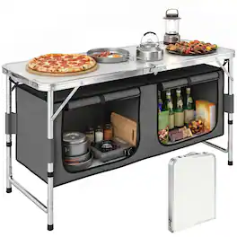 Outsunny - 47" Portable Camping Table Aluminum Picnic Folding Camping Table with Carrying Handle and Storage - White