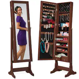 Best Choice Products - Jewelry Armoire Cabinet, Full Length Mirror w/ Velvet Storage Interior, Lock - Walnut
