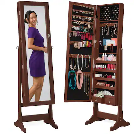 Front. Best Choice Products - Best Choice Products Jewelry Armoire Cabinet, Full Length Mirror w/ Velvet Storage Interior, Lock - Walnut - Walnut.