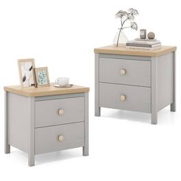 Gymax - 2 PCS Nightstand Farmhouse Side End Table w/ Solid Wood Legs & 2 Drawers - Gray