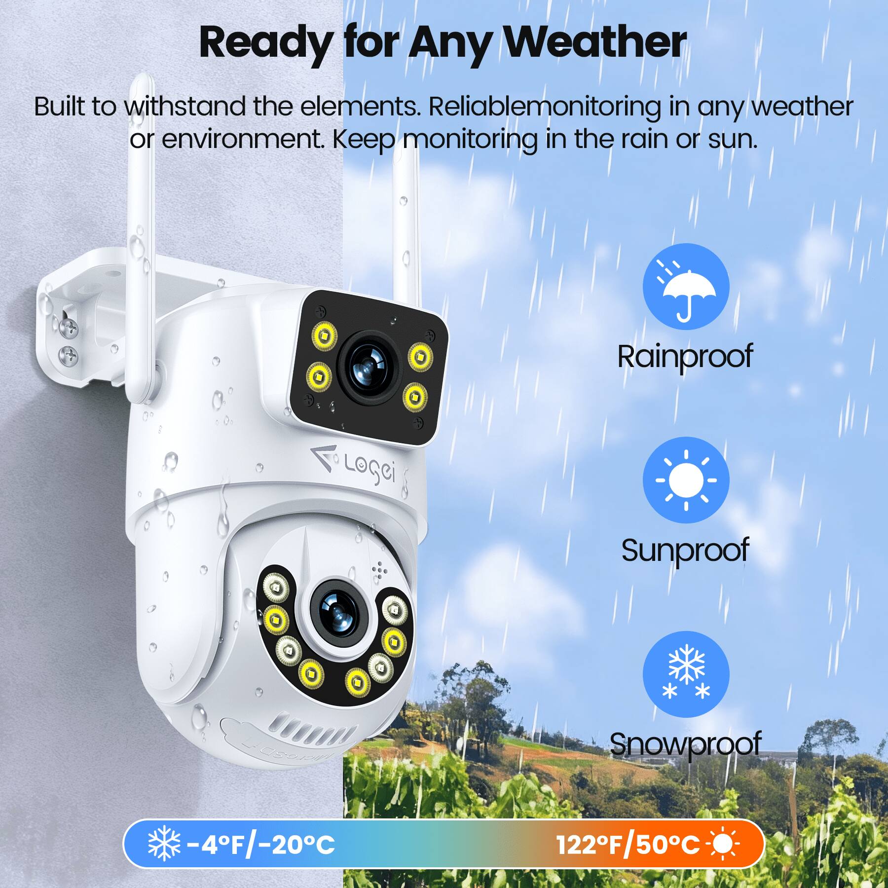 Ready for Any Weather

Built to withstand the elements. Reliable monitoring in any weather or environment. Keep monitoring in the rain or sun.

- Rainproof
- Sunproof
- Snowproof

-4°F/-20°C

122°F/50°C