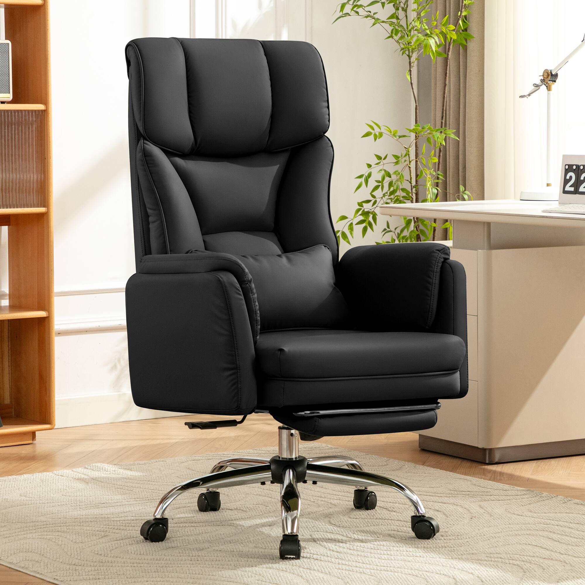 Angle. KERDOM - Ergonomic Big Office Leather Chair with Expandable Arms, Reclining Cross Legged Chair with Footrest Wide Seat for Gaming - Black.