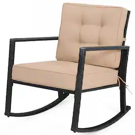 Gymax - Patio Rattan Rocker Chair Glider Rocking Chair Cushion Lawn Outdoor Black - Beige
