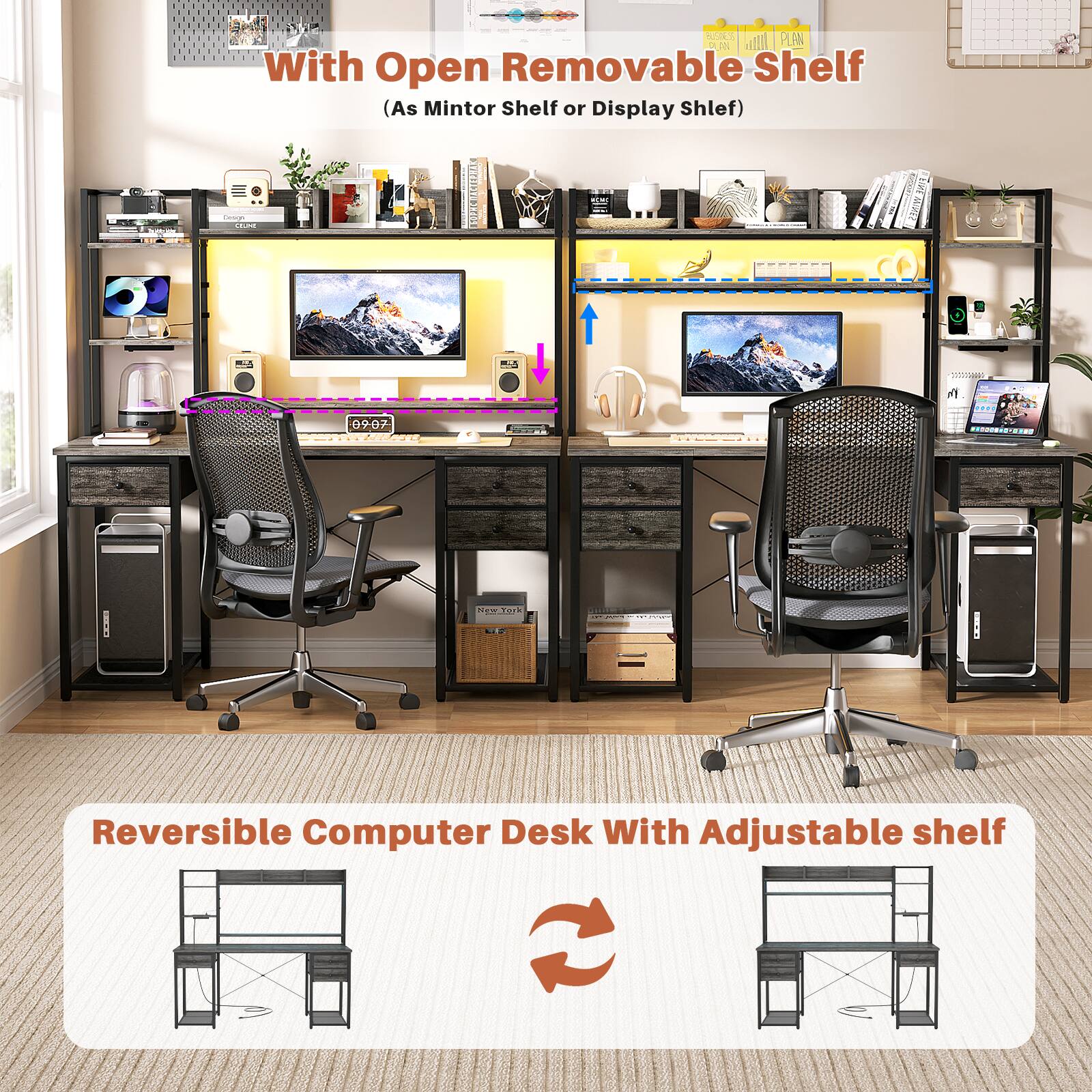AU PLAN mm Il With Open Removable Shelf (As Monitor Shelf or Display Shelf) | 1ZH TTEL - 700500 ... 09-07 S - HEWTES Reversible Computer Desk With Adjustable Shelf