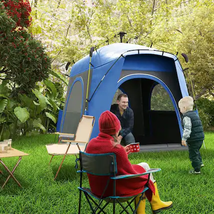 Front. Resenkos - 4 Person Pop Up Camping Tent, Quick Setup Automatic Hydraulic Family Travel Tent with Windows, Doors and Carry Bag, Blue - Blue.