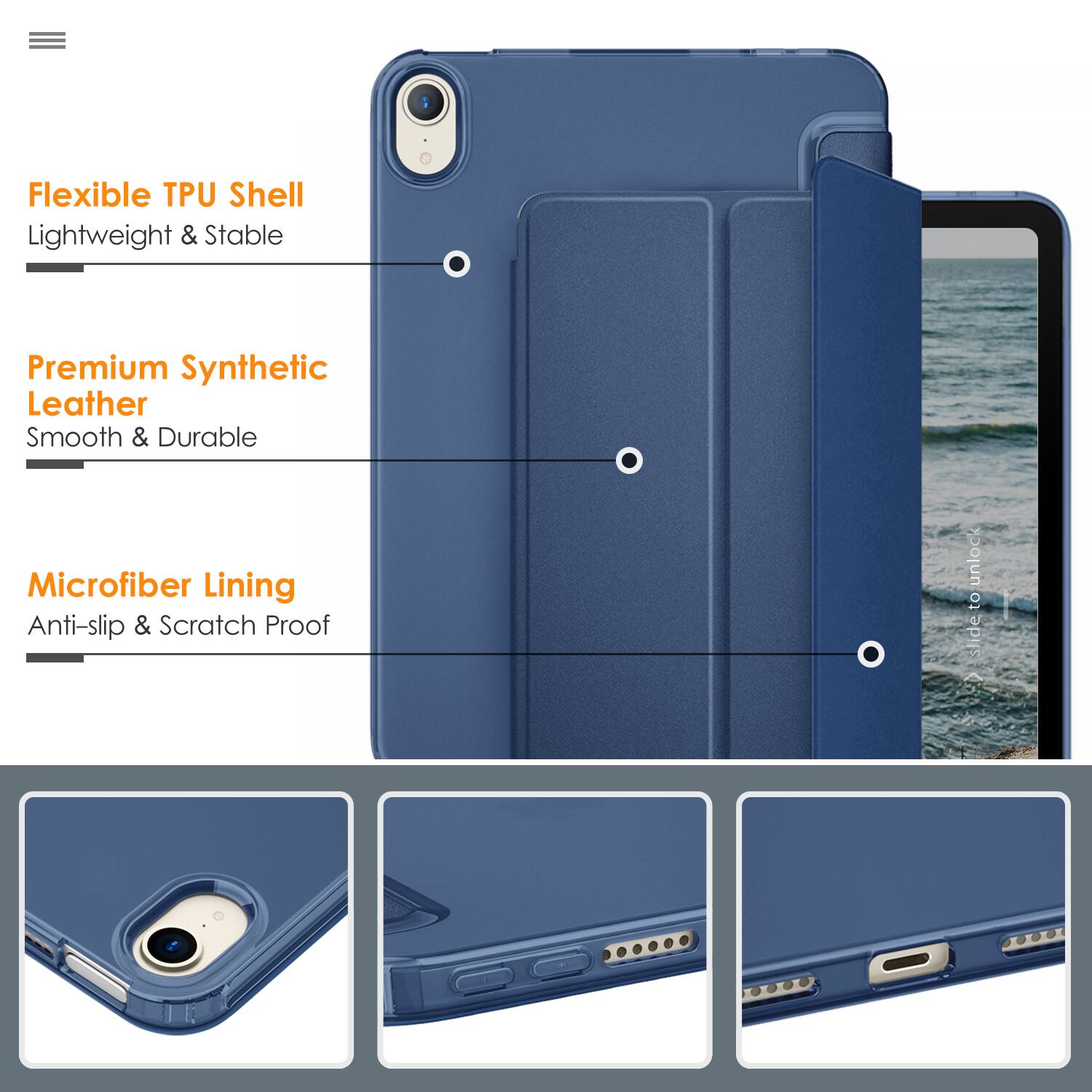 Flexible TPU Shell  
Lightweight & Stable  

Premium Synthetic Leather  
Smooth & Durable  

Microfiber Lining  
Anti-slip & Scratch Proof