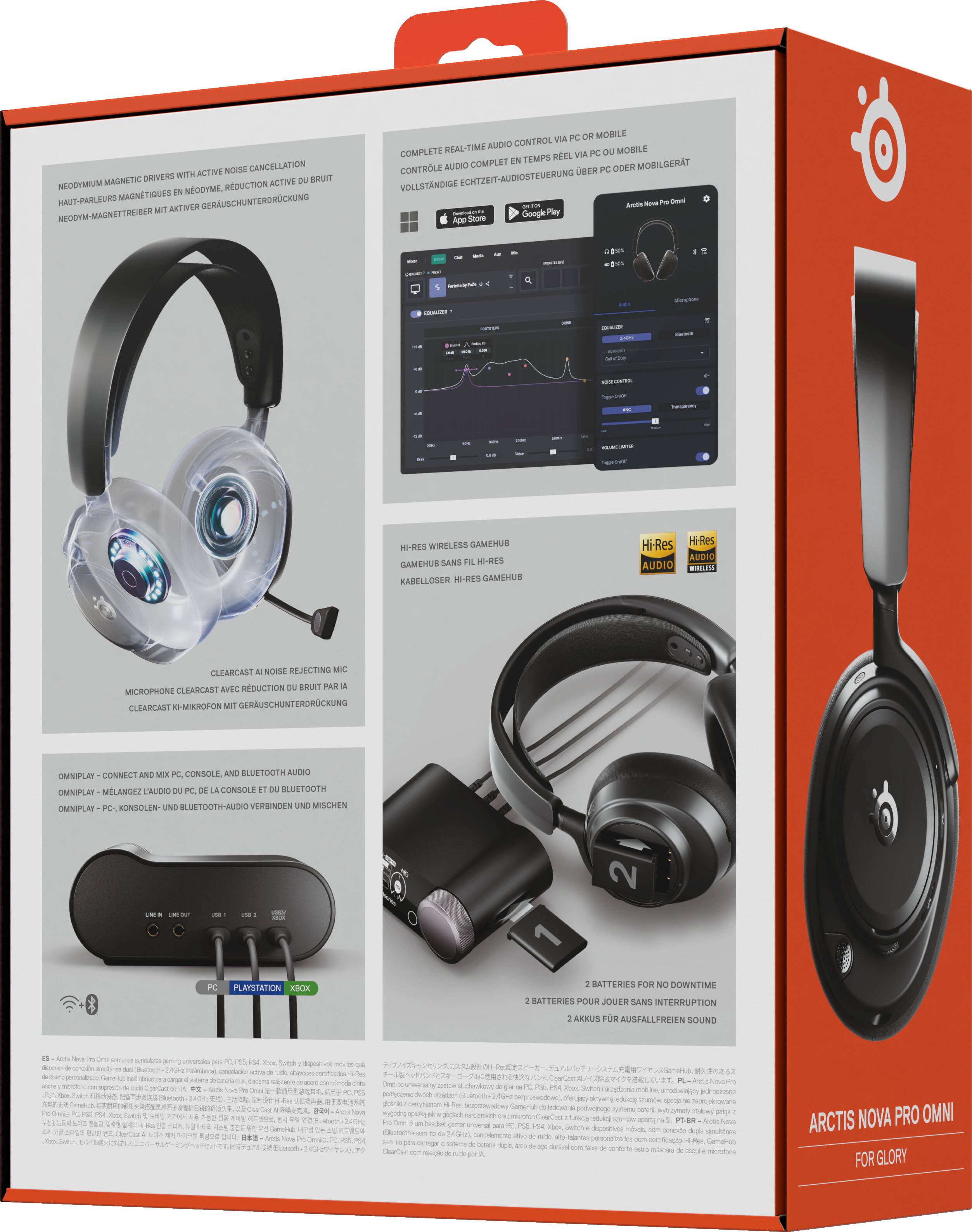**NOISE CANCELLATION WITH ACTIVE NEODYMIUM DRIVERS**  
NEODYMIUM MAGNETIC DRIVERS WITH ACTIVE NOISE CANCELLATION  
HAUT-PARLEURS MAGNETIQUES EN NEODYMIUM, RÉDUCTION ACTIVE DU BRUIT  
NEODYM-MAGNETTREIBER MIT AKTIVER GERÄUSCHUNTERDRÜCKUNG  

**COMPLETE REAL-TIME AUDIO CONTROL VIA PC OR MOBILE**  
COMPLET EN TEMPS RÉEL VIA PC OU MOBILE  
VOLLSTÄNDIGE ECHTZEIT-AUDIOSTEUERUNG ÜBER PC ODER MOBILGERÄT  

**Hi-Res WIRELESS GAMEHUB**  
GAMEHUB SANS FIL HI-RES  
KABELLOSES HI-RES GAMEHUB  

**CLEARCAST NOISE REJECTING MIC**  
MICROPHONE CLEARCAST AVEC RÉDUCTION DU BRUIT  
CLEARCAST KI-MIKROFON MIT GERAUSCHUNTERDRÜCKUNG  

**OMNIPLAY - CONNECT AND MIX PC, CONSOLE, AND BLUETOOTH AUDIO**  
OMNIPLAY - MELANGEZ L