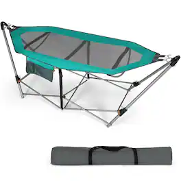 Costway - Folding Hammock Indoor & Outdoor Hammock with Side Pocket & Iron Stand - Turquoise
