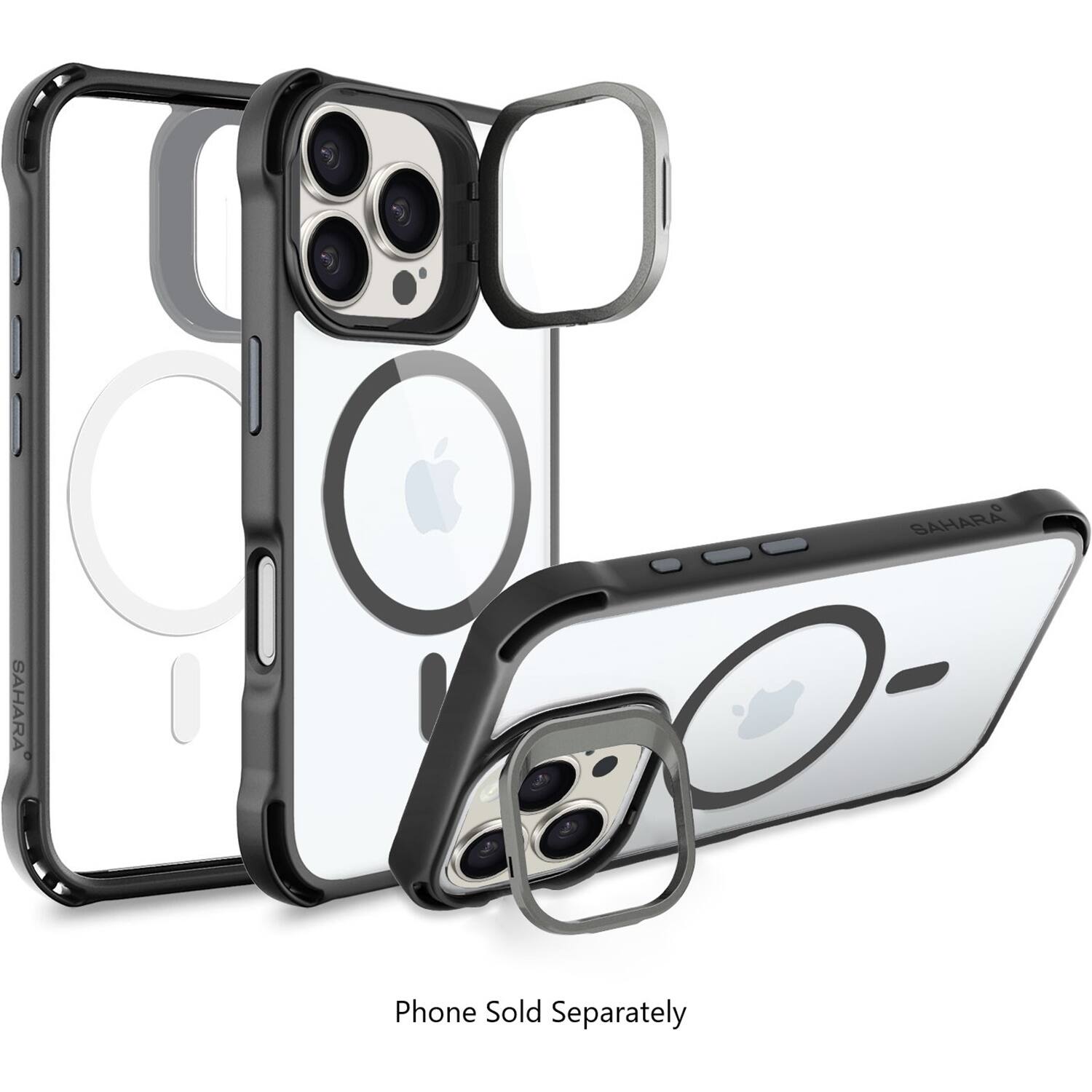 The image features a phone case and a phone stand, with the phone case being sold separately. The case is designed to fit the iPhone, and the stand is made to hold the phone securely. The case is available in black and white colors, while the stand is made of metal. The stand is compatible with the iPhone and can be used to prop up the phone for easy viewing.