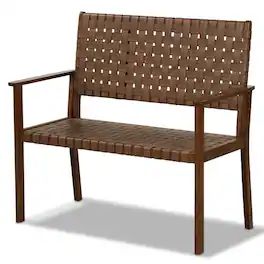 Pefilos - Outdoor All Weather Bench with Hand Woven PU Leather, Outdoor Bench with Solid Rubber Wood Frame - Brown