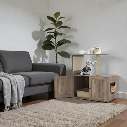 Front. BreeBe - Compact 34.5-Inch Indoor Cat Tree Featuring Litter Box Enclosure and Sisal Scratcher - Gray.