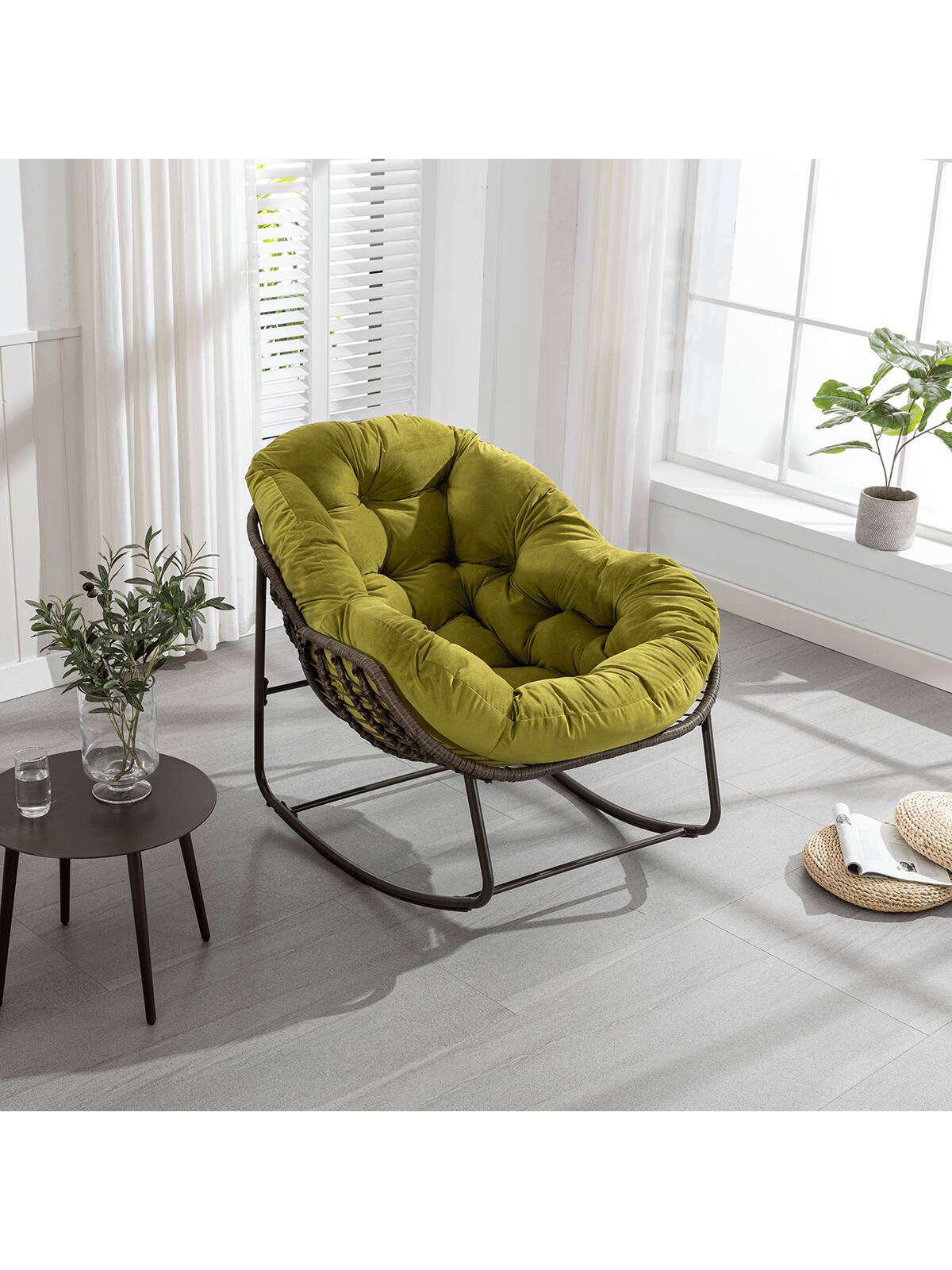 Back. Trinkets Crazed - Outdoor Patio Rocking Chair Set Of 2,Comfy Wicker Rocker Chair With Padded Cushion,Oversized Rattan Papasan Egg Chair - Olive Green.