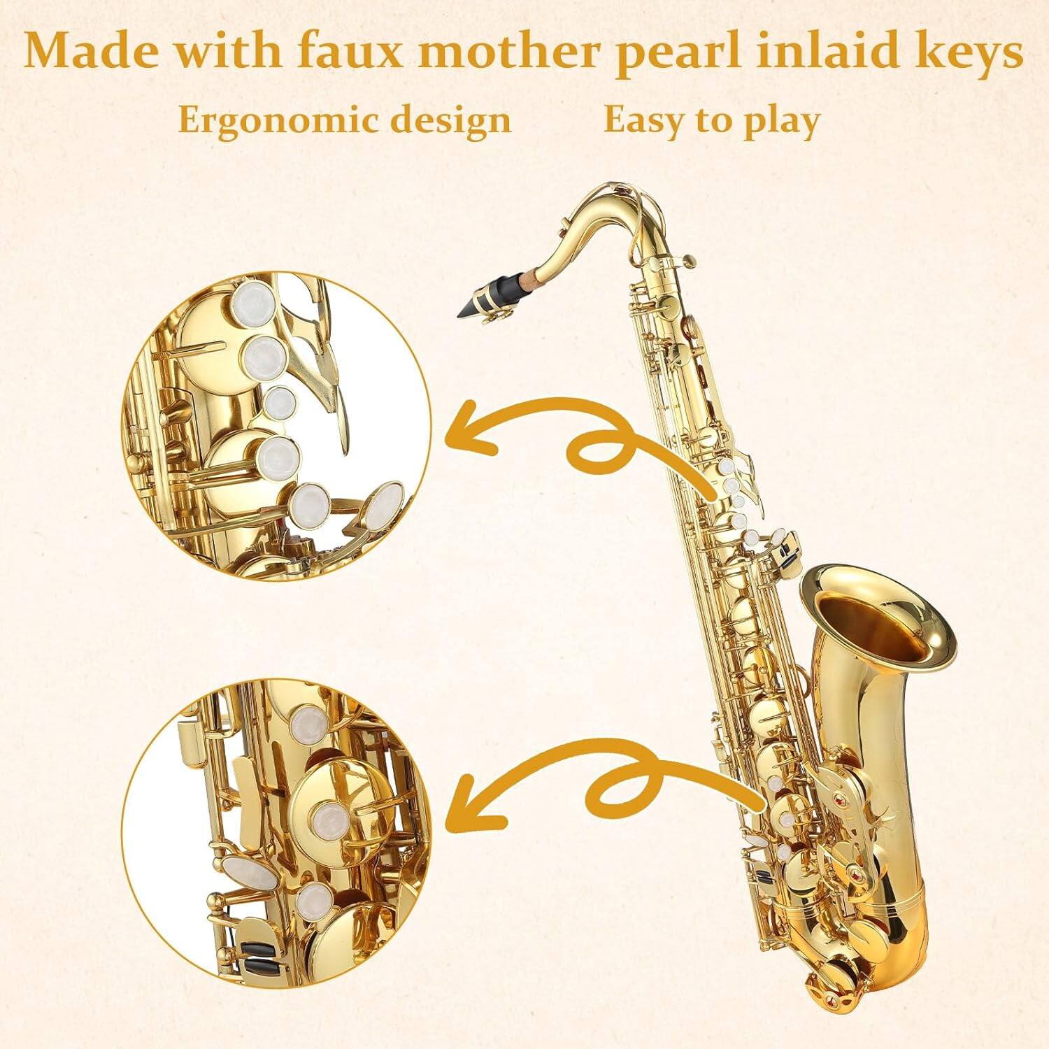 Made with faux mother pearl inlaid keys  
Ergonomic design  
Easy to play