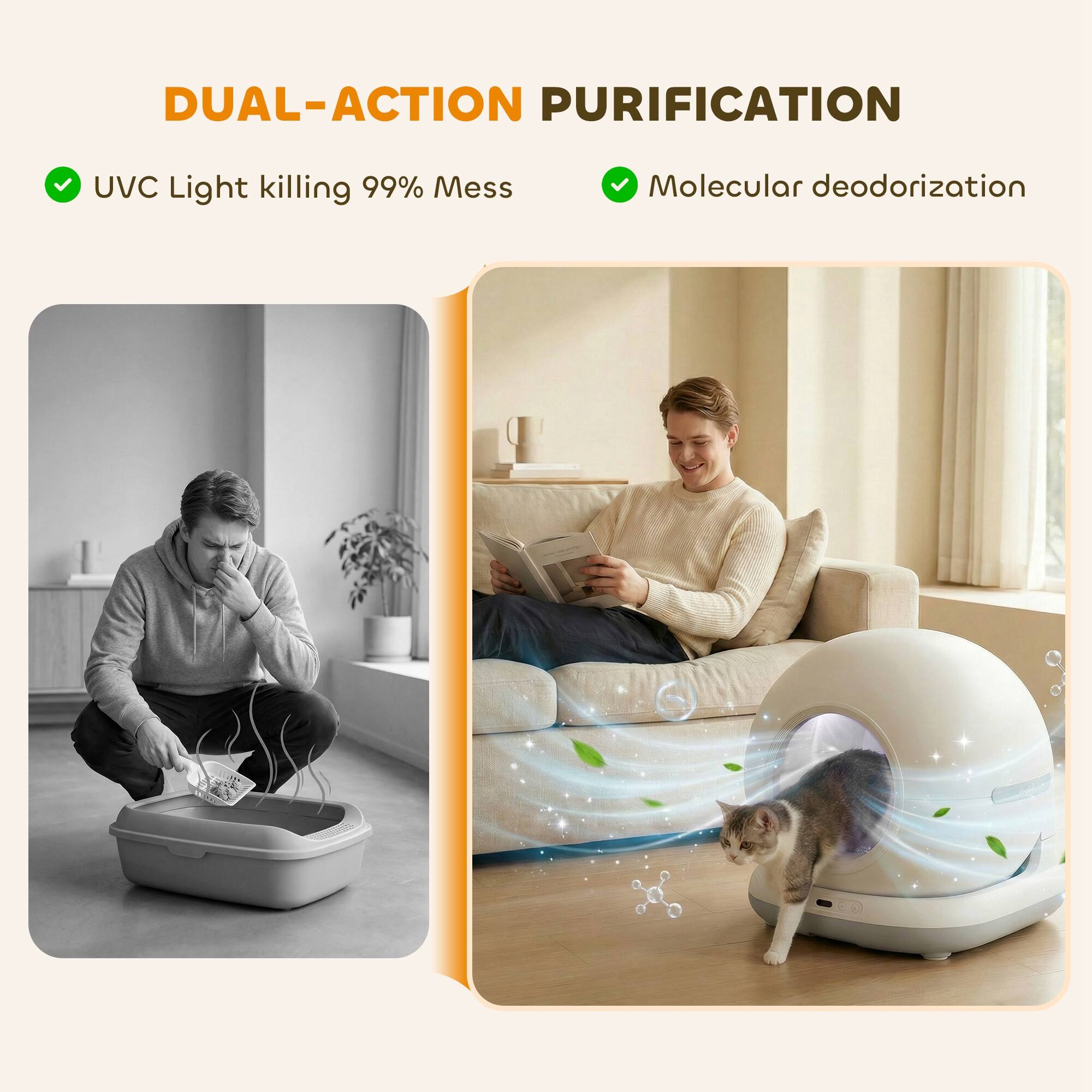 DUAL-ACTION PURIFICATION

- UVC Light killing 99% Mess
- Molecular deodorization