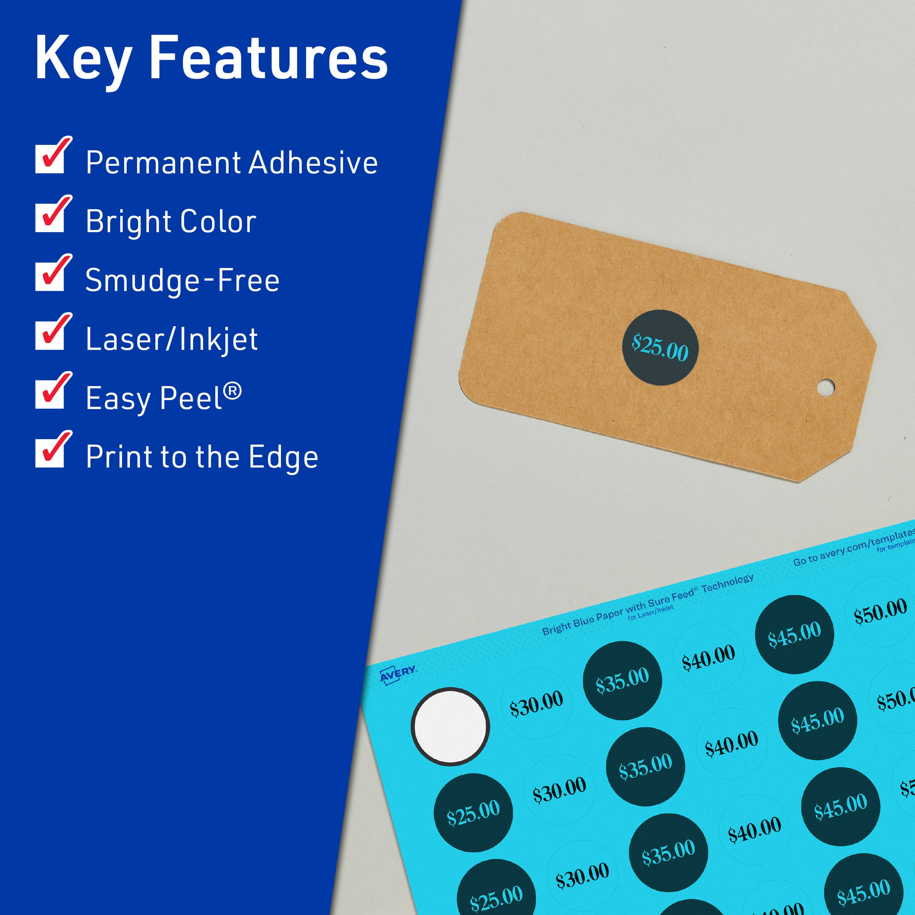 Key Features  
- Permanent Adhesive  
- Bright Color  
- Smudge-Free  
- Laser/Inkjet  
- Easy Peel®  
- Print to the Edge  

$25.00  
$30.00  
$35.00  
$40.00  
$45.00  
$50.00  

Bright Blue Paper with SureFeed™ Technology  

Go to avery.com/templates for templates