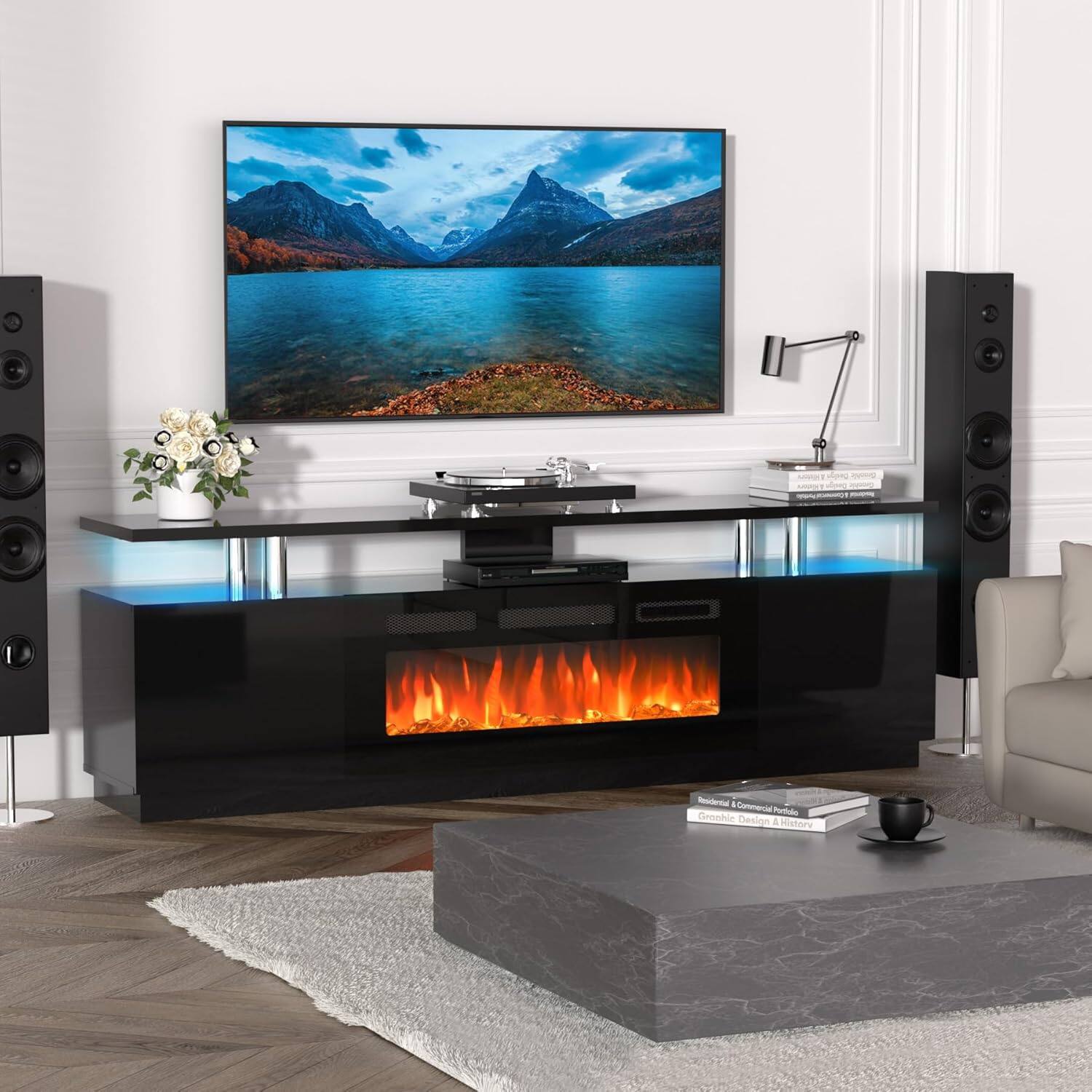 Acekool - Freestanding Electric Fireplace Heater TV Stand for Living Room - Black