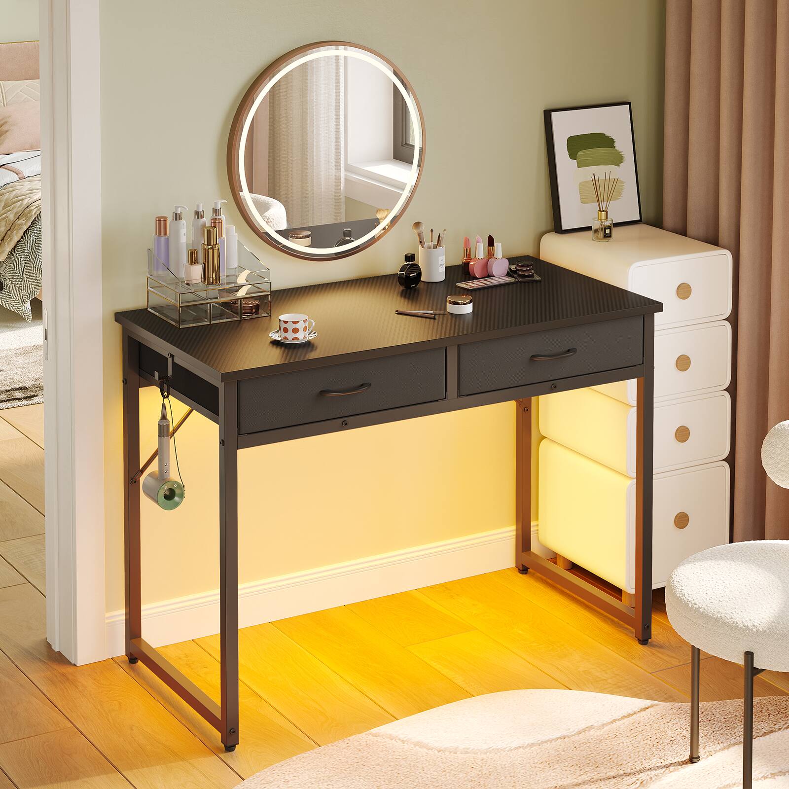 Angle. Pinmoco - Pinmoco 32"/42" Small Computer Desk with RGB LED Lights & 2 Fabric Drawers, Modern Dorm Study Desk for Small Spaces - 42" Black.