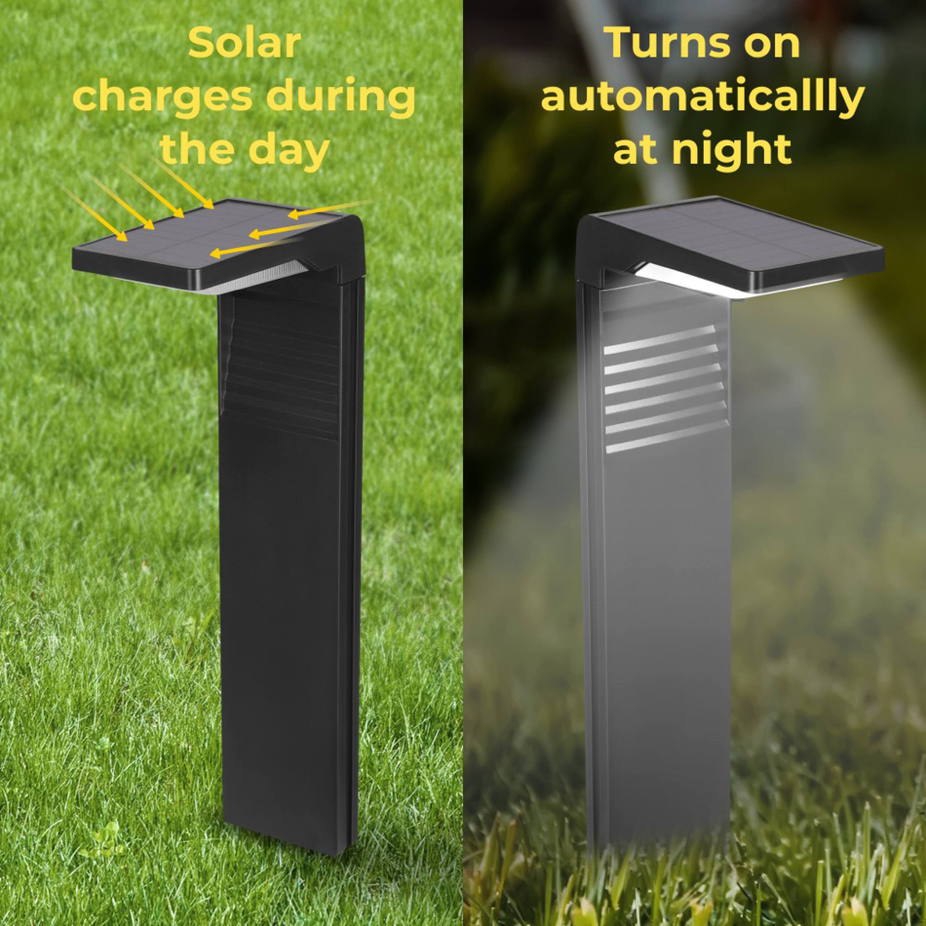Solar charges during the day, turns on automatically at night.
