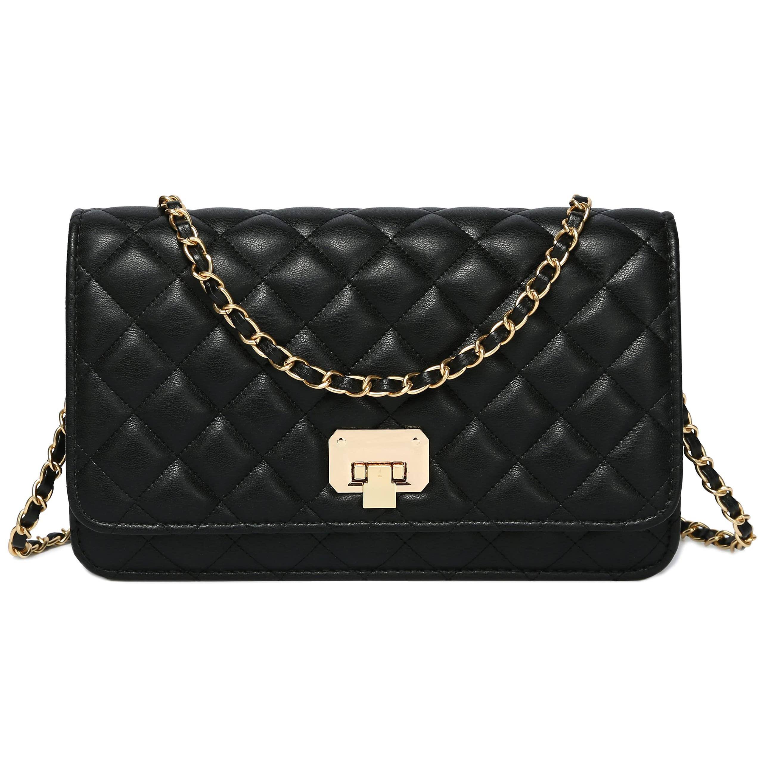 Front. Live At Space - Women Leather Shoulder Bag Fashion Clutch Handbag Quilted Designer Crossbody With Chain Strap Material: Superior PU - Black-Small.