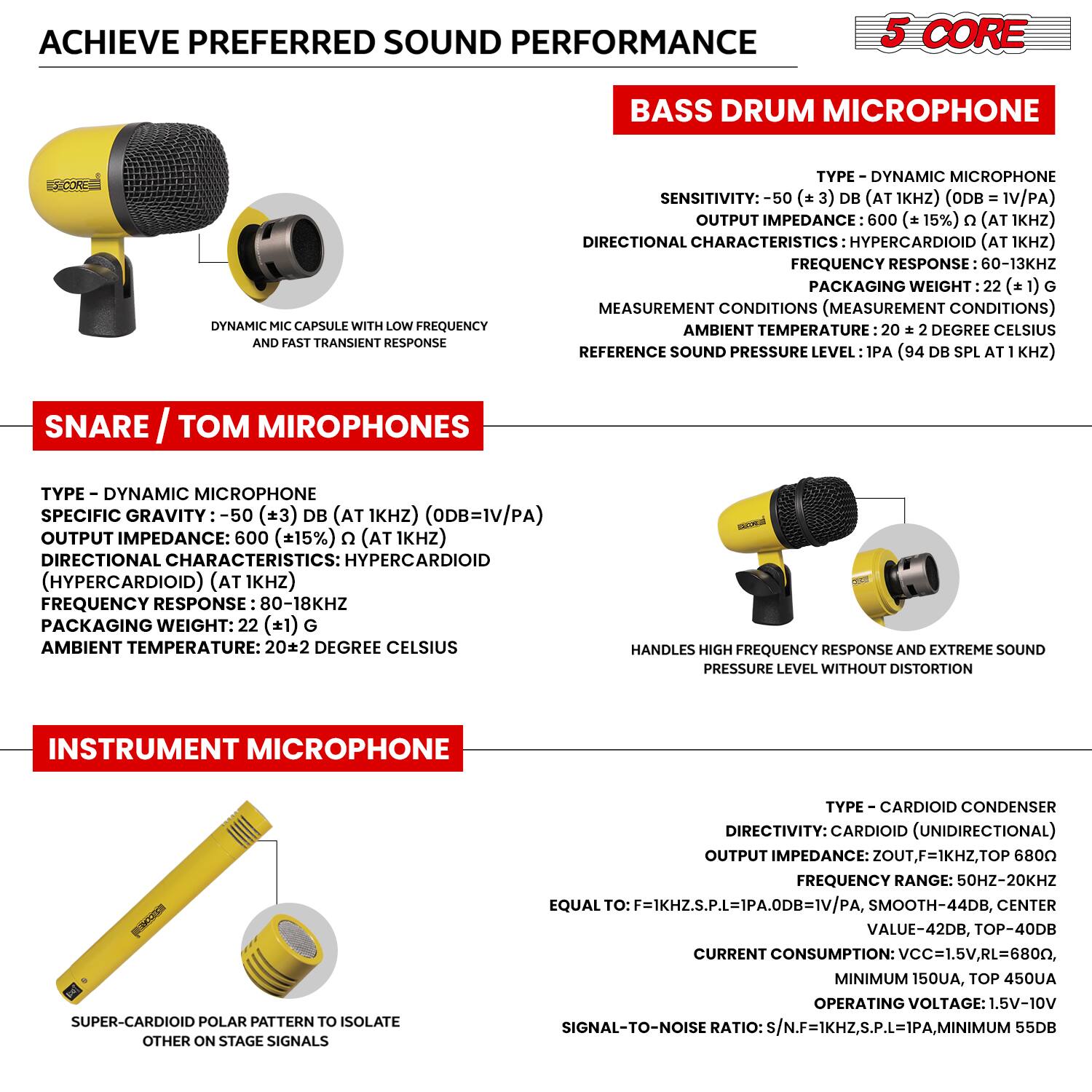**ACHIEVE PREFERRED SOUND PERFORMANCE**

**BASS DRUM MICROPHONE**

- **TYPE:** DYNAMIC MICROPHONE
- **SENSITIVITY:** -50 (±3) dB (AT 1kHz) (0dB = 1V/Pa)
- **OUTPUT IMPEDANCE:** 600 (±15%) Ω (AT 1kHz)
- **DIRECTIONAL CHARACTERISTICS:** HYPERCARDIOID (AT 1kHz)
- **FREQUENCY RESPONSE:** 60-13kHz
- **PACKAGING WEIGHT:** 22 (±1) G
- **MEASUREMENT CONDITIONS:** (MEASUREMENT CONDITIONS)
- **AMBIENT TEMPERATURE:** 20 ± 2 DEGREE CELSIUS
- **REFERENCE SOUND PRESSURE LEVEL:** 1Pa (94 dB SPL AT 1kHz)

**SNARE / TOM MICROPHONES**

- **TYPE:** DYNAMIC MICROPHONE
- **SPECIFIC GRAVITY:** -50 (±3) dB (AT 1kHz) (0dB = 1V/Pa)
- **OUTPUT IMPEDANCE:** 600 (±15%) Ω (AT 1kHz