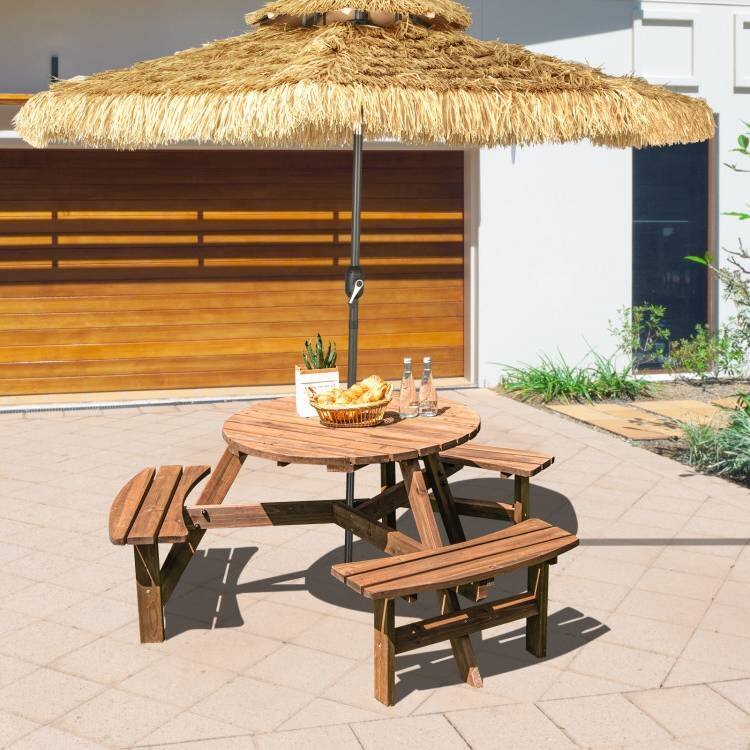 Angle. Hivvago - Espresso Wooden 6 Seater Picnic Table Umbrella Hole - Espresso.