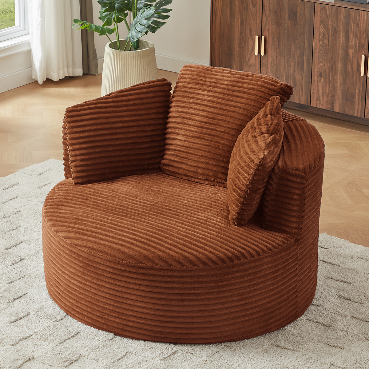 Angle. Trinkets Crazed - 48.8" Oversized Accent Chair,Comfy Corduroy Single Sofa with 3 Pillows,Upholstered Round Chair - Orange.