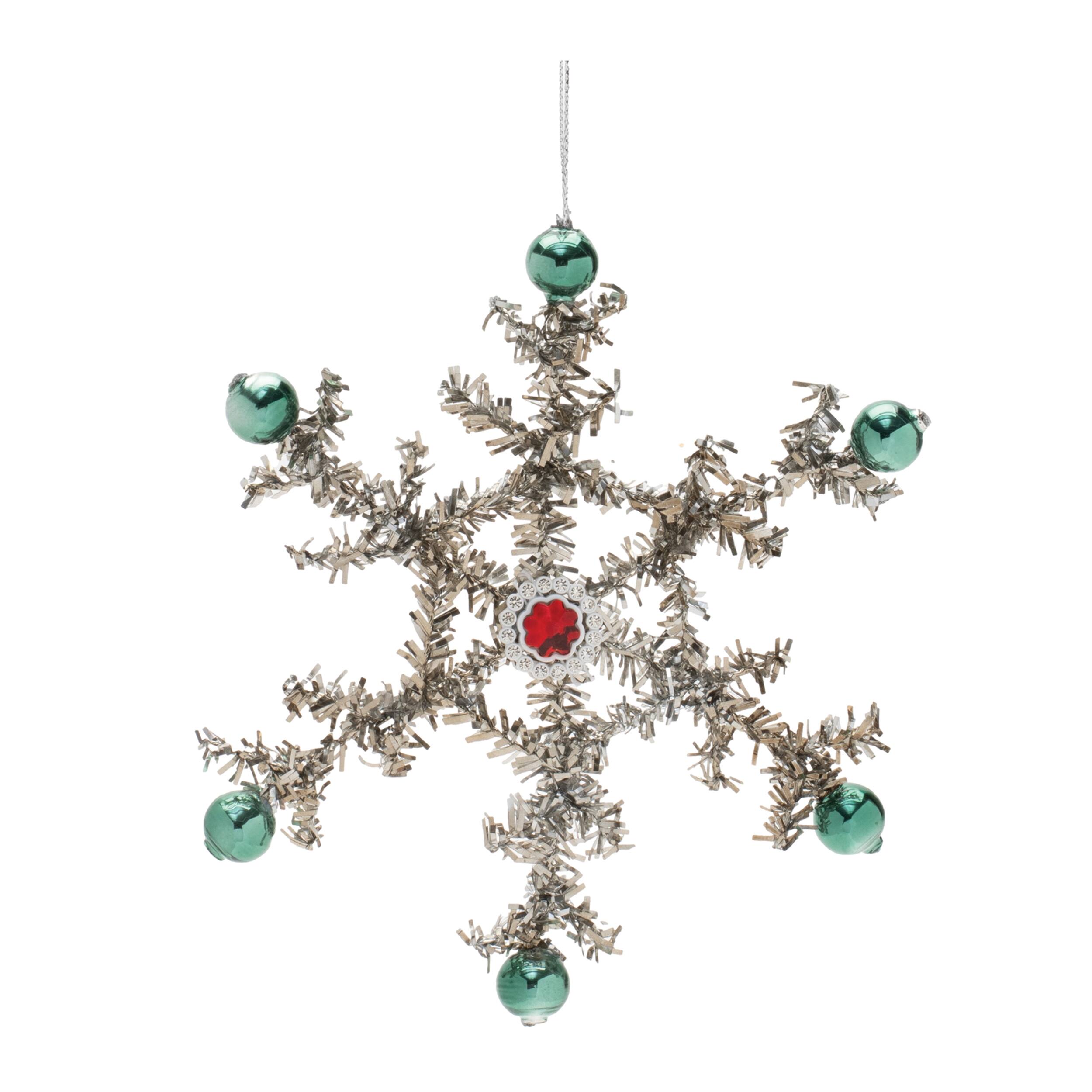 Back. BreeBe - Jeweled Tinsel Snowflake Ornament (Set of 12) - Silver, Green, Red.