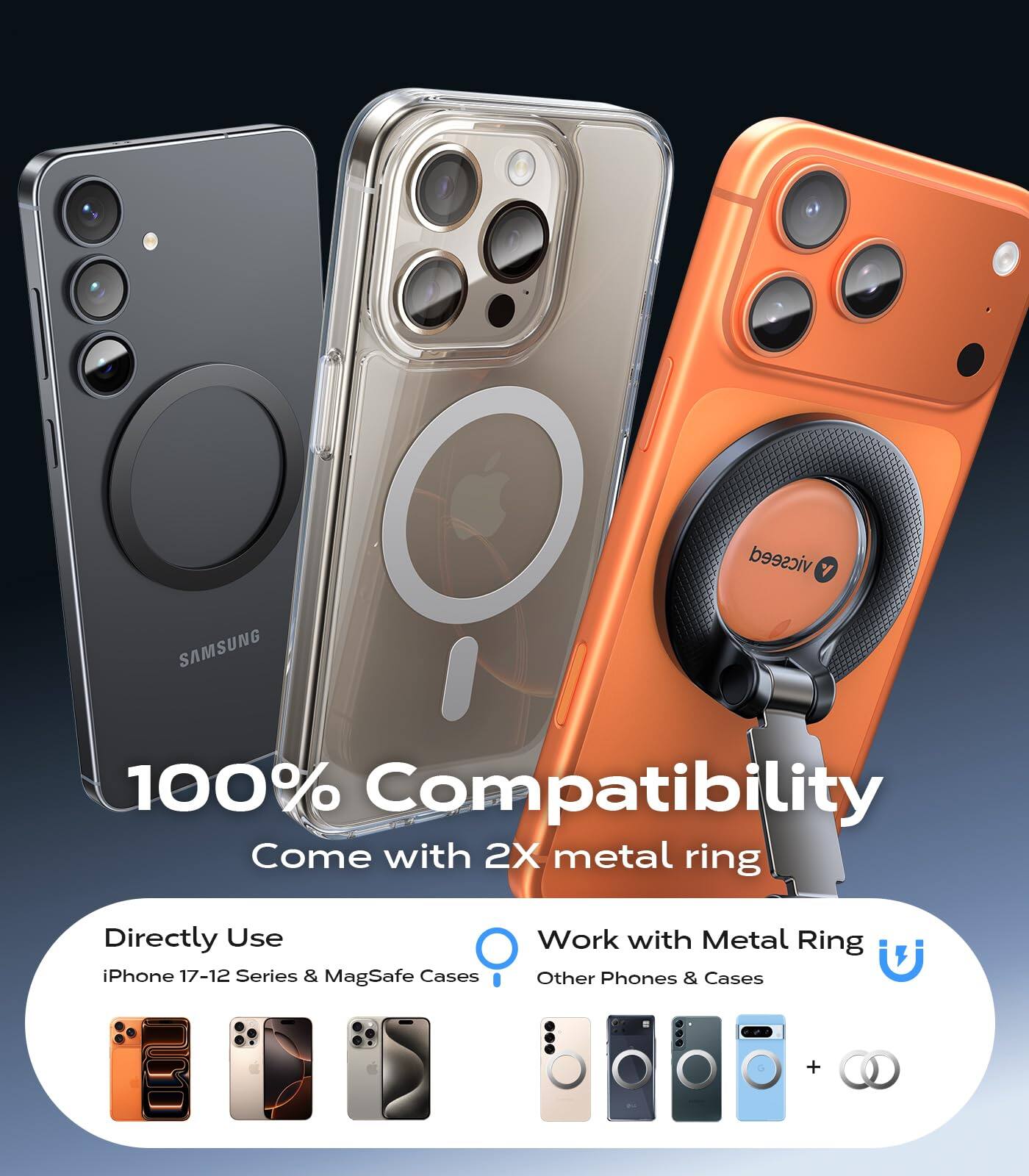 Sure, here is the corrected and grouped text from the image:

---

**100% Compatibility**

**Come with 2X metal ring**

**Directly Use**

- iPhone 17-12 Series & MagSafe Cases

**Work with Metal Ring**

- Other Phones & Cases

---

This text highlights the product's compatibility and features, emphasizing that it comes with a 2X metal ring and can be used directly with iPhone 17-12 Series and MagSafe Cases, as well as with other phones and cases that have a metal ring.