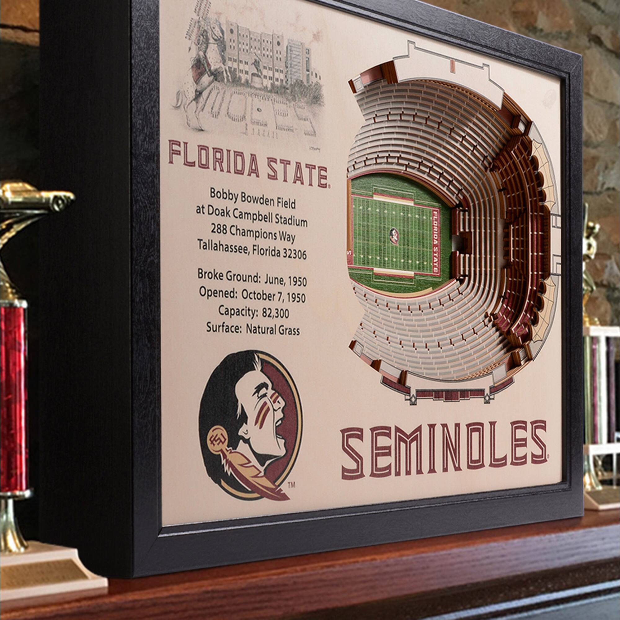 FLORIDA STATE  
Bobby Bowden Field at Doak Campbell Stadium  
288 Champions Way  
Tallahassee, Florida 32306  

Broke Ground: June, 1950  
Opened: October 7, 1950  
Capacity: 82,300  
Surface: Natural Grass  

SEMINOLES