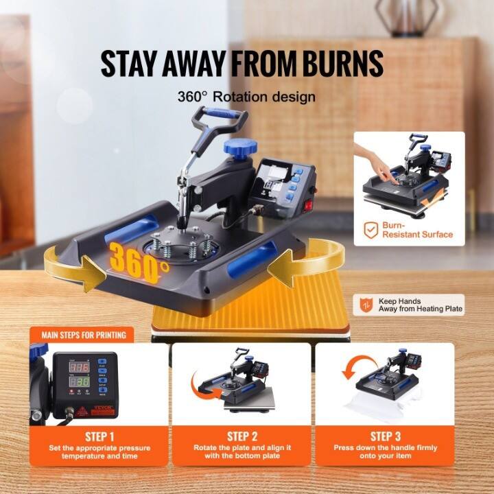 **STAY AWAY FROM BURNS**

**360° Rotation design**

**360°**

**MAIN STEPS FOR PRINTING**

**STEP 1**  
Set the appropriate pressure, temperature, and time

**STEP 2**  
Rotate the plate and align it with the bottom plate

**STEP 3**  
Press down the handle firmly onto your item

**Burn-Resistant Surface**

**Keep Hands Away from Heating Plate**