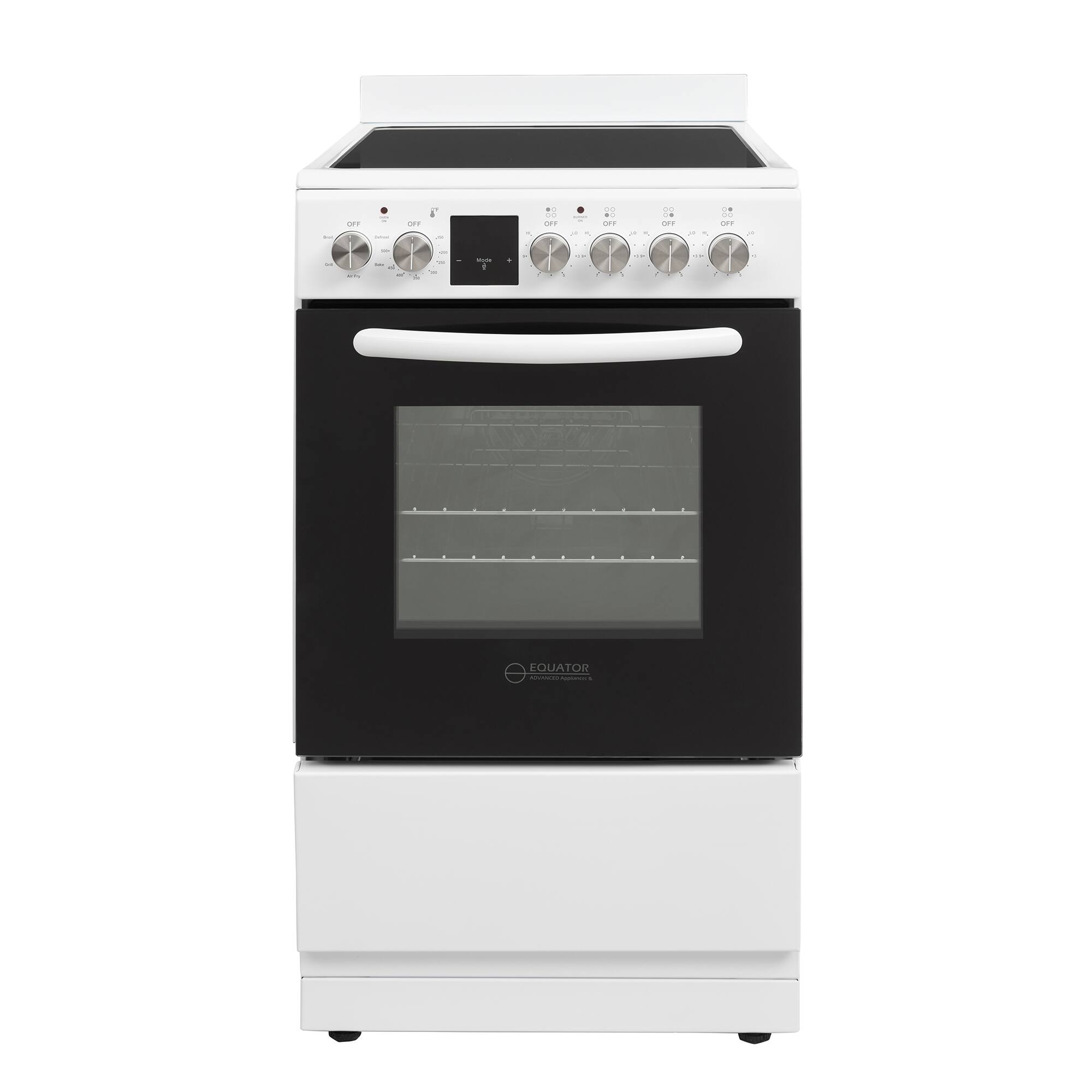 Equator - 20" Electric Cooking Range with 4 Ceramic Burners, Convection Oven, Air Fryer, Bake, Grill + Drawer (220V) - White