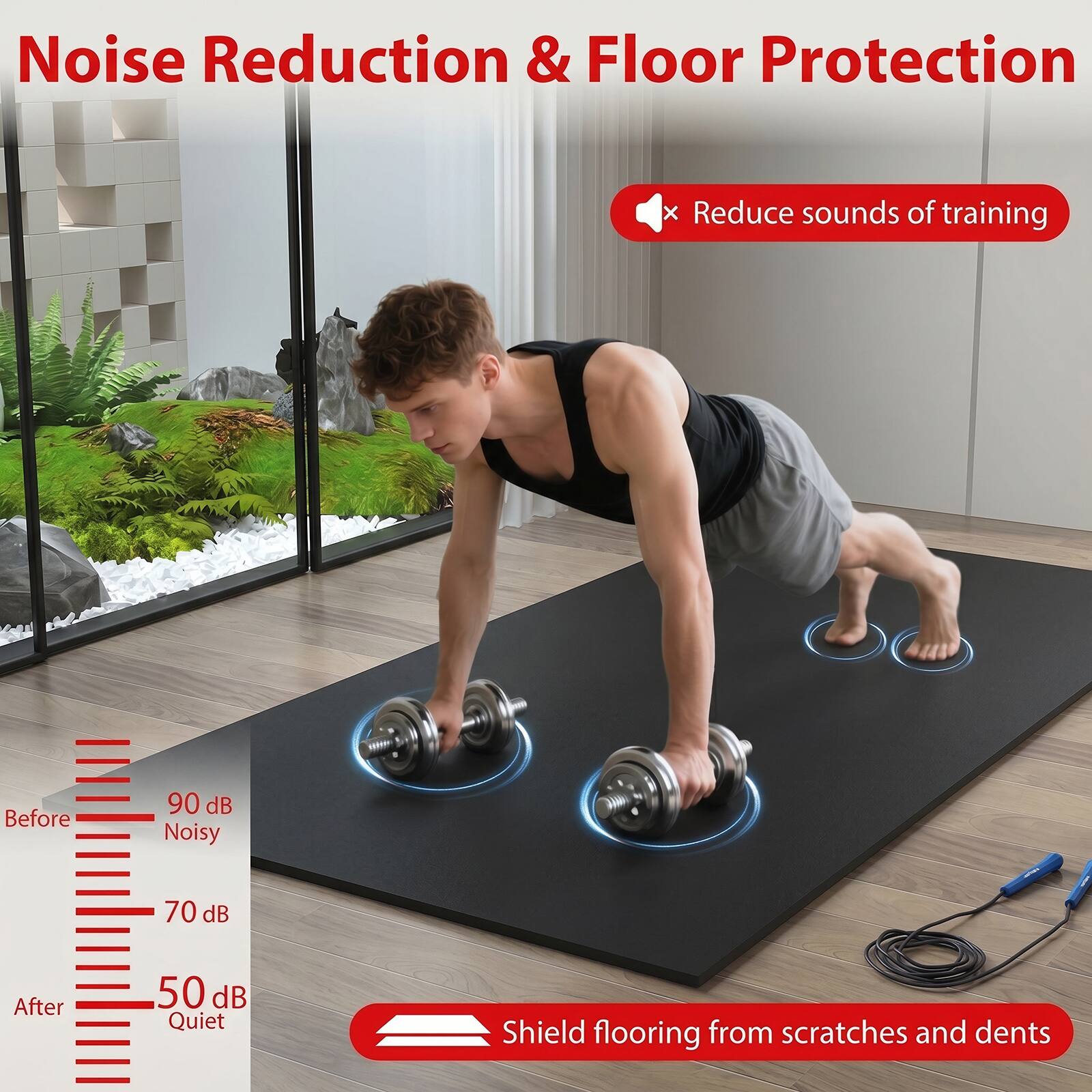 Noise Reduction & Floor Protection

- Reduce sounds of training
  - Before: 90 dB Noisy
  - After: 50 dB Quiet

- Shield flooring from scratches and dents