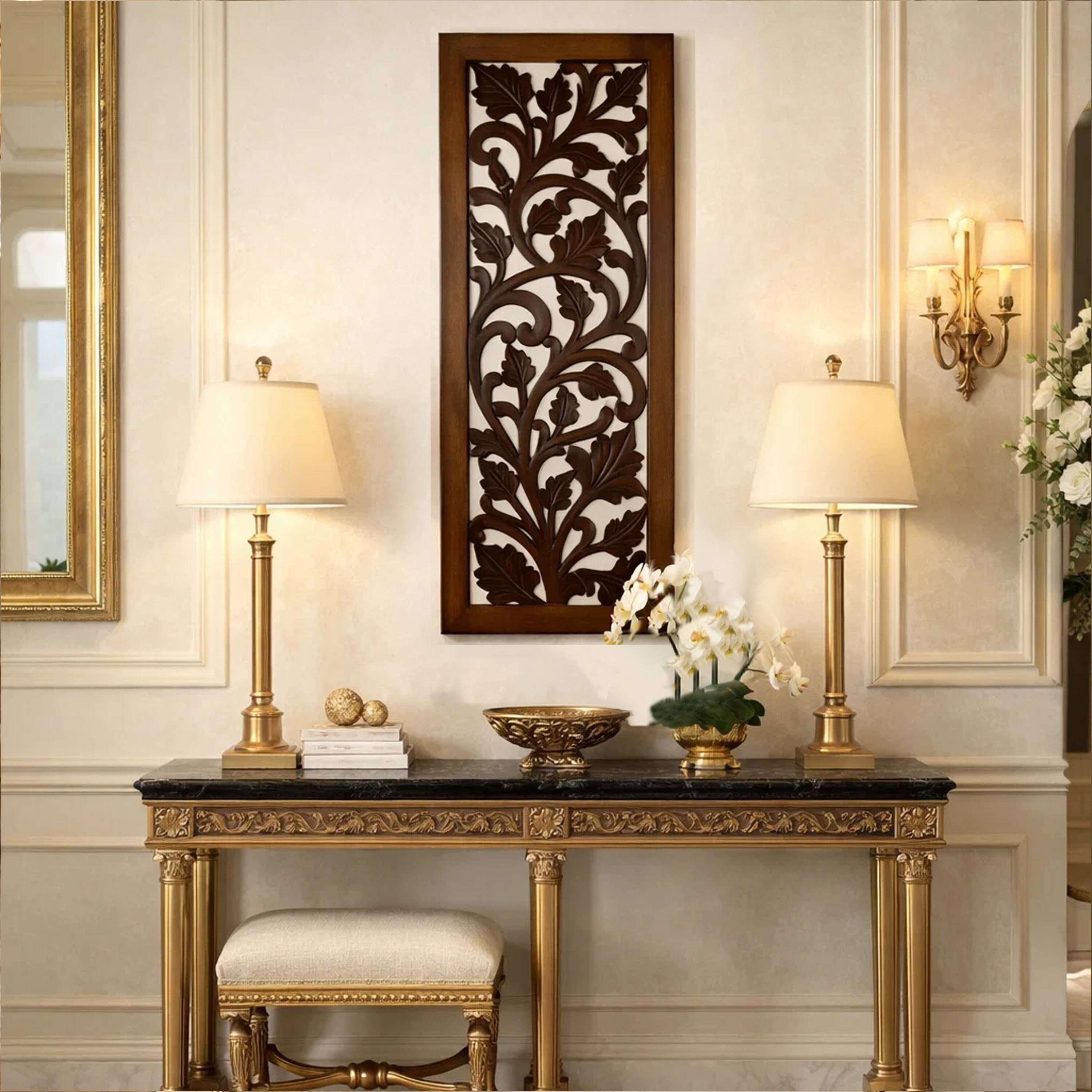 Alt View 4. Manhattan Lane - Mango Wood Wall Panel Hand Crafted with Leaves and Scroll Work Motif - Brown.