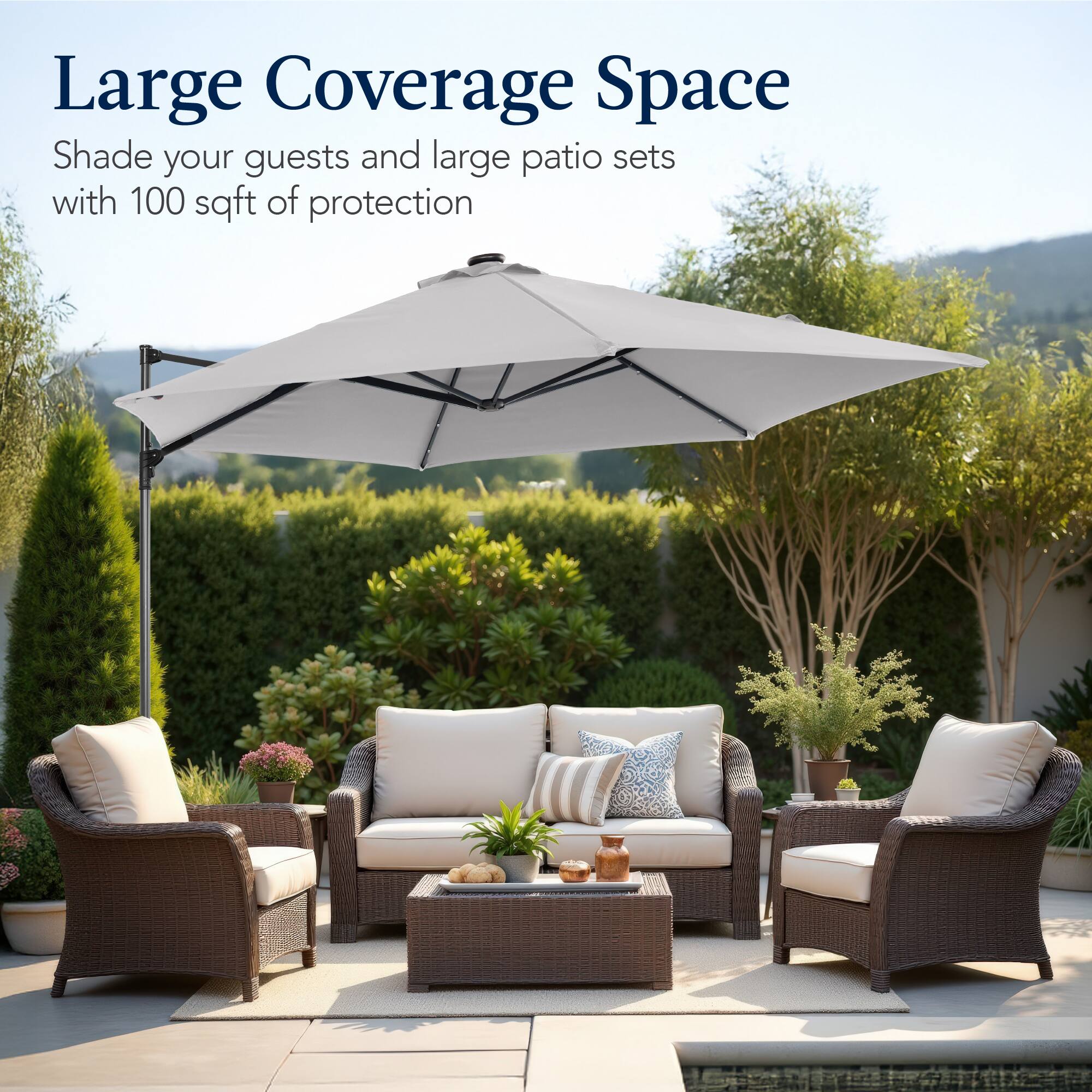 Large Coverage Space

Shade your guests and large patio sets with 100 sqft of protection