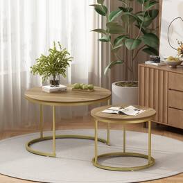 Z-Edge - Modern Coffee Table, Nesting Round Table Set of 2, Side Table with Sturdy Metal Frame for Living Room Bedroom Apartment - Brown + Gold