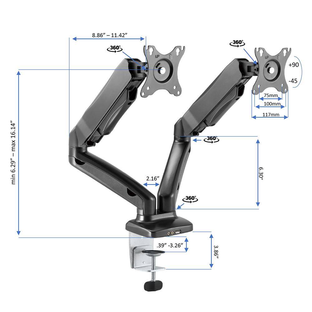 8.86" - 11.42"  
360°  
+90° -45°  
75mm 100mm 117mm  
max 16.14"  
min 6.29"  
360°  
2.16"  
360°  
.39" -3.26"  
3.86"  
6.30"